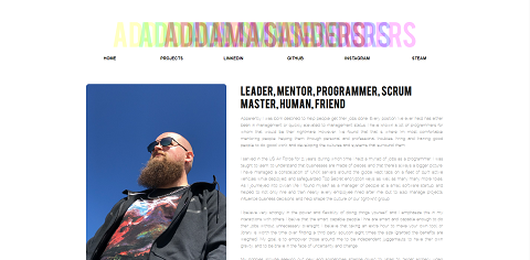 Screenshot of addama.net site from 2019: professional and clean layout with shifting rainbow effect on header text and large self-portrait