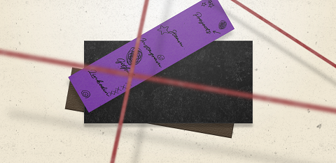 Screenshot of addama.net site from 2020: realistic haphazard stack of leather, marble, and paper rectangles with red string strung across the viewport to create a 3D effect