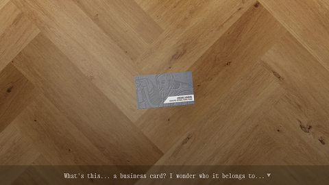 Screenshot of addama.net site from 2021: JRPG dialog overlay on top of a scene featuring a discarded business card on a wood floor, which flips over when clicked